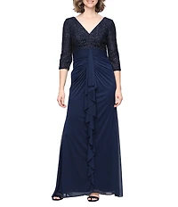 Alex Evenings Petite Size V Neck 3/4 Sleeve Sequin Bodice Cascade Ruffle Detail Empire Waist Long Dress