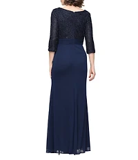 Alex Evenings Petite Size V Neck 3/4 Sleeve Sequin Bodice Cascade Ruffle Detail Empire Waist Long Dress