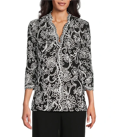 Alex Evenings Petite Size V-Neck Scalloped Lace Lined Embroidered Top