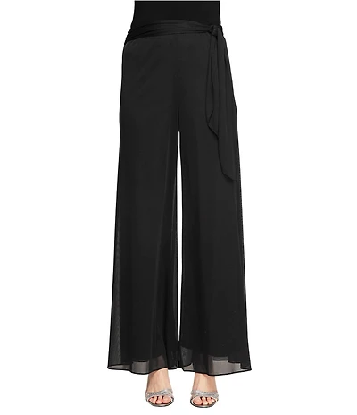Alex Evenings Petite Size Mesh Mid Rise Wide Leg Tie Waist Pants