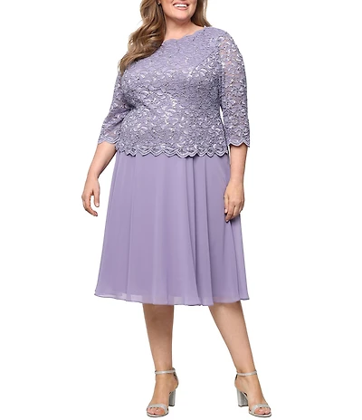 Alex Evenings Plus Size Sequin Lace 3/4 Illusion Sleeve Scallop Round Neck Bodice Chiffon Skirted Dress