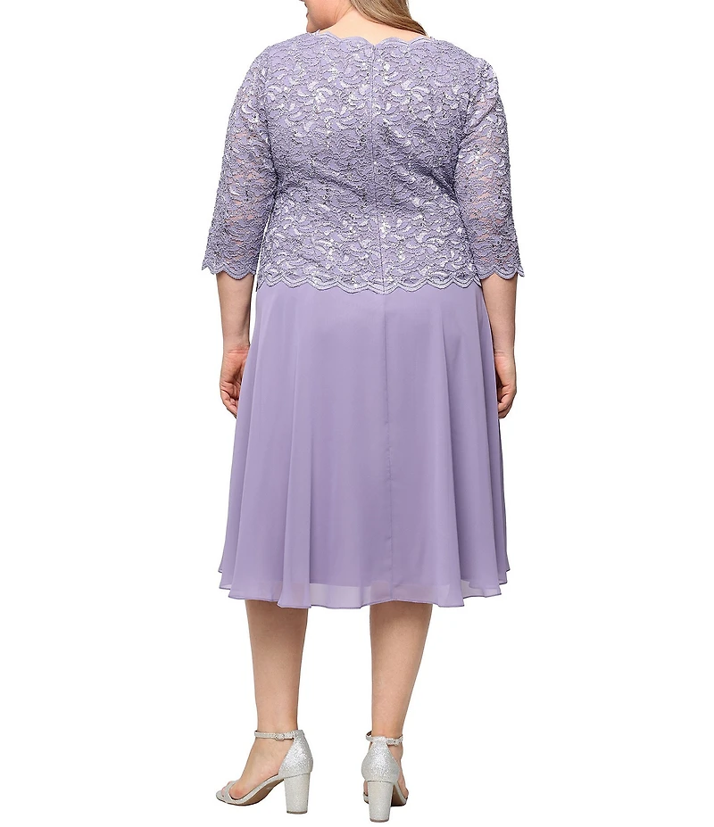 Alex Evenings Plus Size Sequin Lace 3/4 Illusion Sleeve Scallop Round Neck Bodice Chiffon Skirted Dress