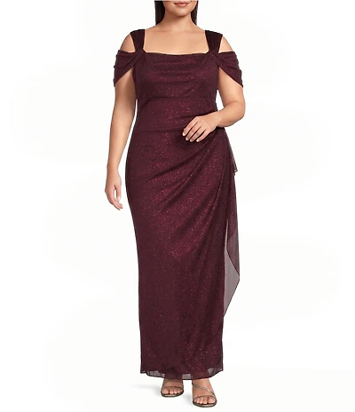 Alex Evenings Plus Size Cold Shoulder Cowl Neck Cap Sleeve Glitter Mesh Gown
