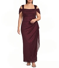 Alex Evenings Plus Size Cold Shoulder Cowl Neck Cap Sleeve Glitter Mesh Gown