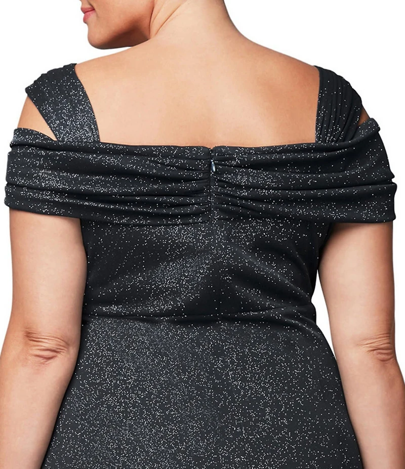 Alex Evenings Plus Size Cold Shoulder Cowl Neck Cap Sleeve Glitter Mesh Gown