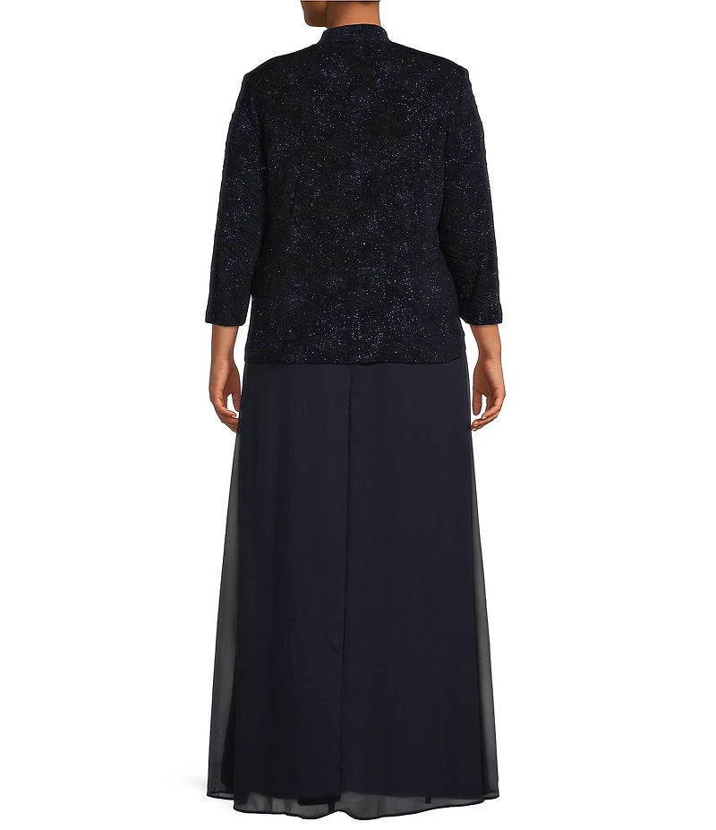 Alex Evenings Plus Size Scoop Neck 3/4 Sleeve Jacquard Glitter Embellished Chiffon Skirted 2-Piece Jacket Dress