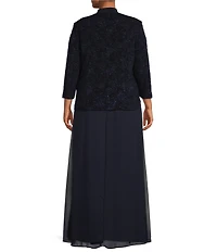 Alex Evenings Plus Size Scoop Neck 3/4 Sleeve Jacquard Glitter Embellished Chiffon Skirted 2-Piece Jacket Dress