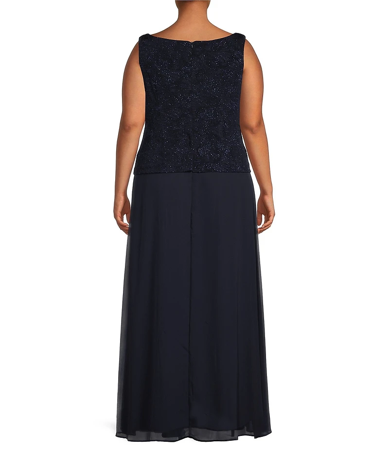Alex Evenings Plus Size Scoop Neck 3/4 Sleeve Jacquard Glitter Embellished Chiffon Skirted 2-Piece Jacket Dress