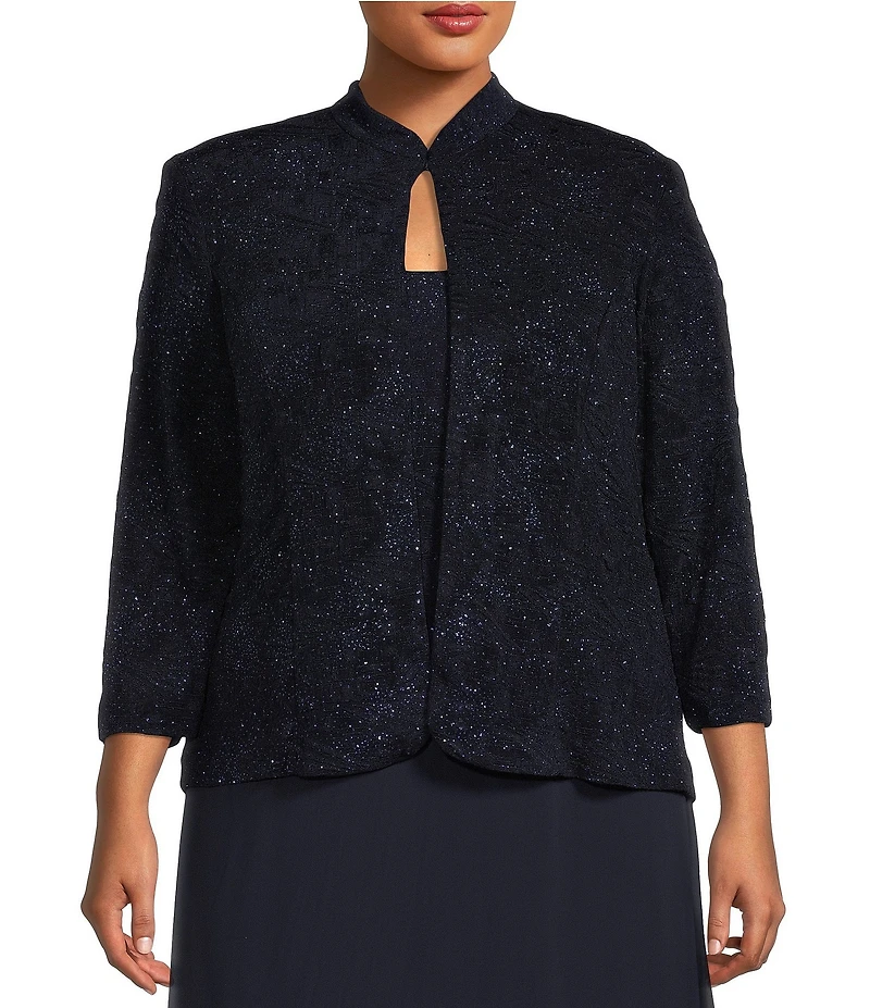 Alex Evenings Plus Size Scoop Neck 3/4 Sleeve Jacquard Glitter Embellished Chiffon Skirted 2-Piece Jacket Dress