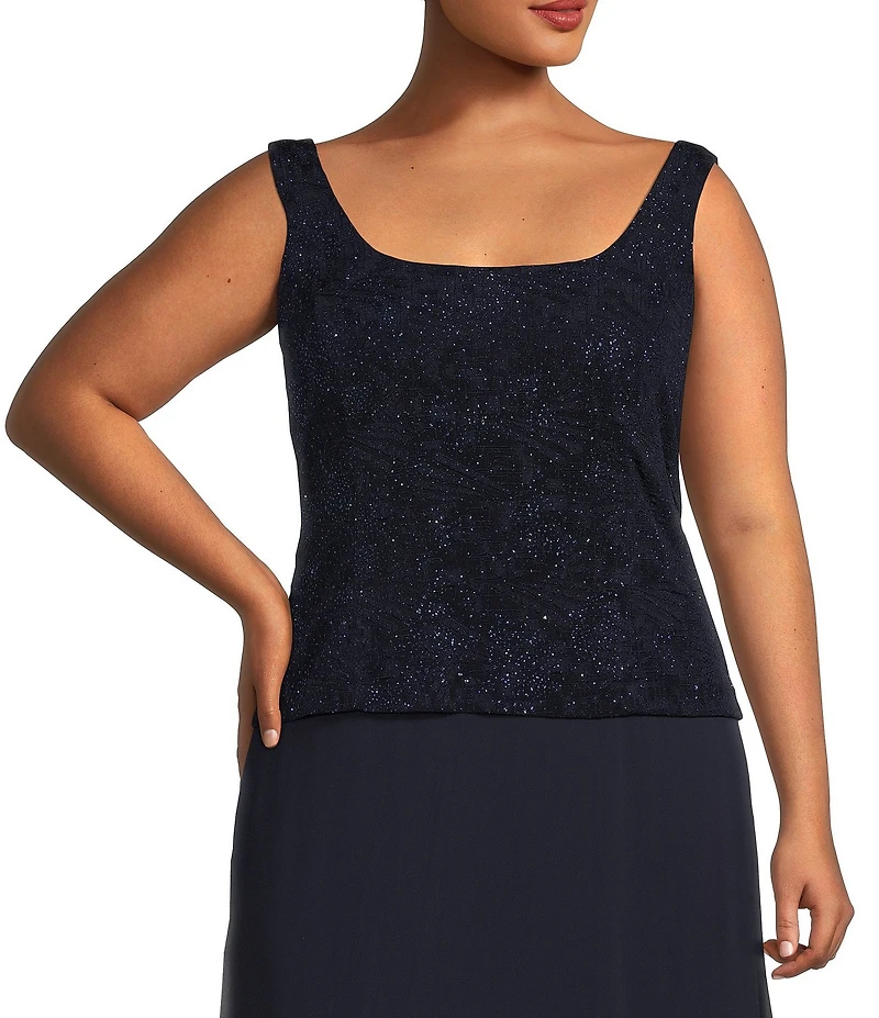 Alex Evenings Plus Size Scoop Neck 3/4 Sleeve Jacquard Glitter Embellished Chiffon Skirted 2-Piece Jacket Dress