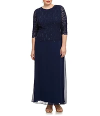Alex Evenings Plus Size Crew Neck 3/4 Sleeve Sequin Lace Scalloped Hem Bodice Chiffon Skirted Dress