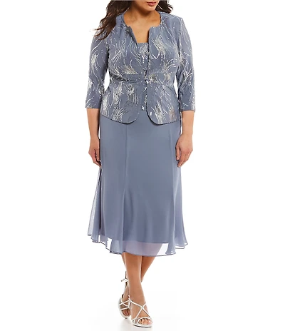 Alex Evenings Plus Size Crew Neck 3/4 Sleeve T-Length Sequin Jacket Dress