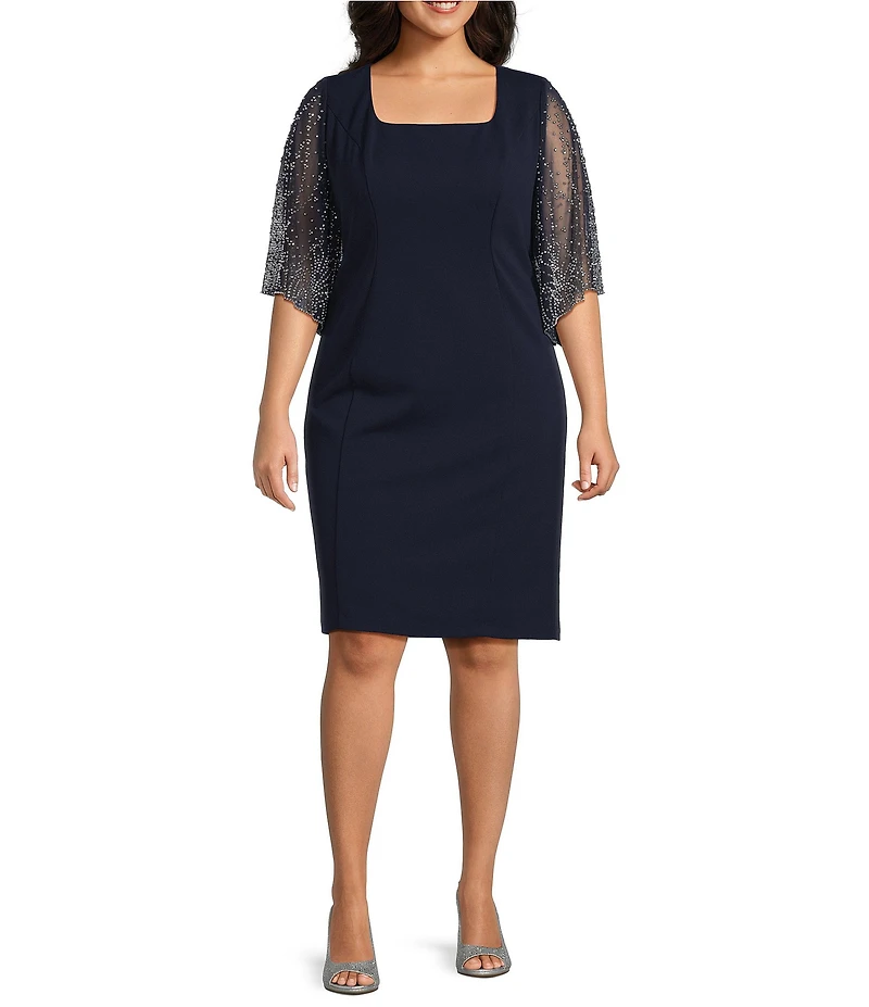 Alex Evenings Plus Size 3/4 Beaded Illusion Sleeve Sheath Dress