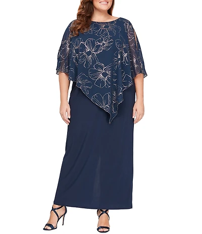 Ignite Evenings Plus Size 3/4 Capelet Sleeve Crew Neck Foil Printed Asymmetrical Overlay Dress