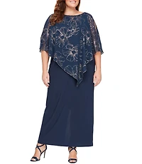 Ignite Evenings Plus Size 3/4 Capelet Sleeve Crew Neck Foil Printed Asymmetrical Overlay Dress