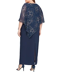 Ignite Evenings Plus Size 3/4 Capelet Sleeve Crew Neck Foil Printed Asymmetrical Overlay Dress