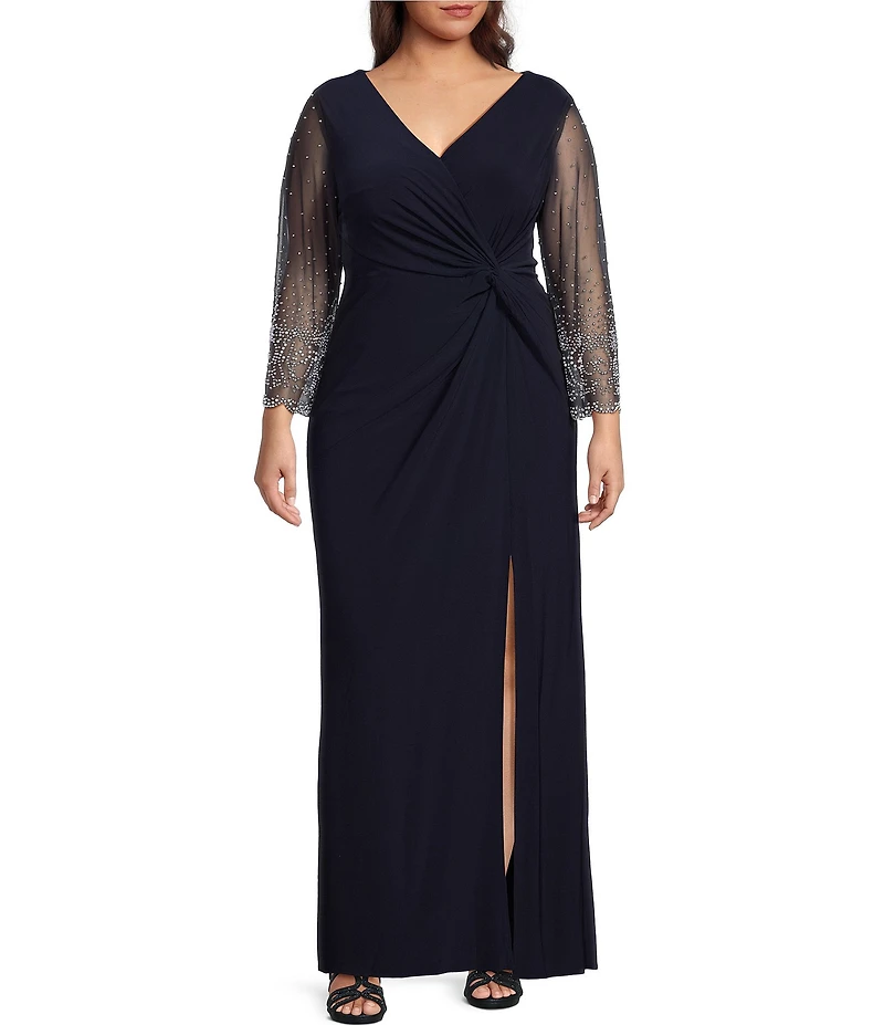 Alex Evenings Plus Size 3/4 Embellished Illusion Sleeve V-Neck Front Slit Gown