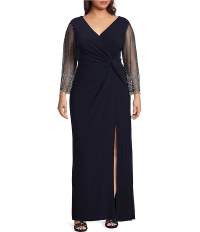 Alex Evenings Plus Size 3/4 Embellished Illusion Sleeve V-Neck Front Slit Gown