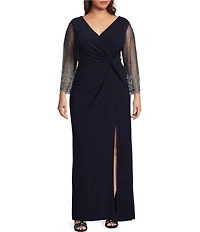 Alex Evenings Plus Size 3/4 Embellished Illusion Sleeve V-Neck Front Slit Gown