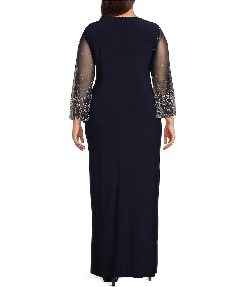 Alex Evenings Plus Size 3/4 Embellished Illusion Sleeve V-Neck Front Slit Gown