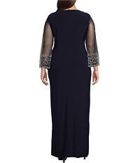 Alex Evenings Plus Size 3/4 Embellished Illusion Sleeve V-Neck Front Slit Gown