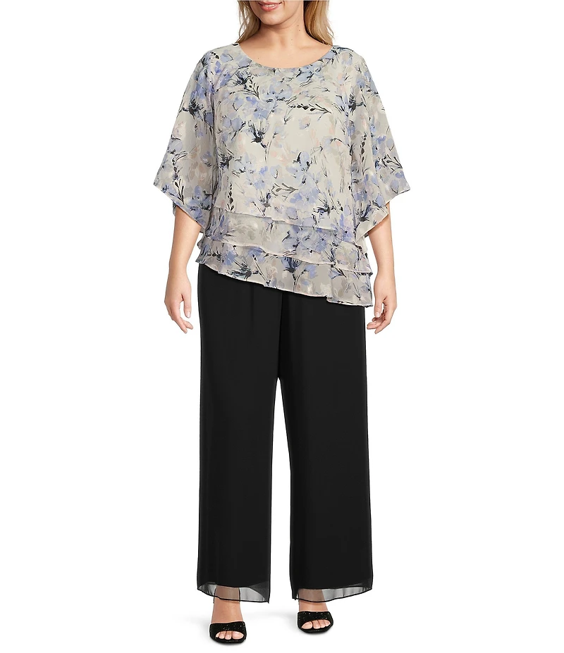 Alex Evenings Plus Size 3/4 Sleeve Boat Neck Asymmetrical Triple Tier Floral Chiffon Blouse