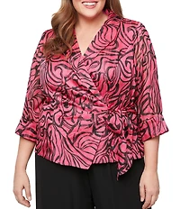 Alex Evenings Plus Size 3/4 Sleeve Collared Neck Tie Waist Printed Blouse