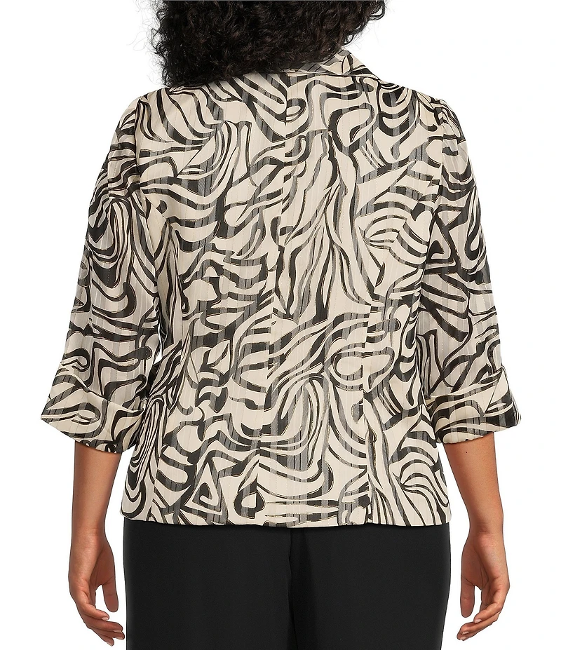 Alex Evenings Plus Size 3/4 Sleeve Collared Neck Tie Waist Printed Blouse