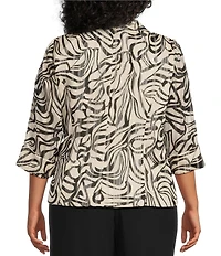Alex Evenings Plus Size 3/4 Sleeve Collared Neck Tie Waist Printed Blouse