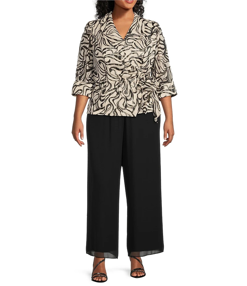 Alex Evenings Plus Size 3/4 Sleeve Collared Neck Tie Waist Printed Blouse