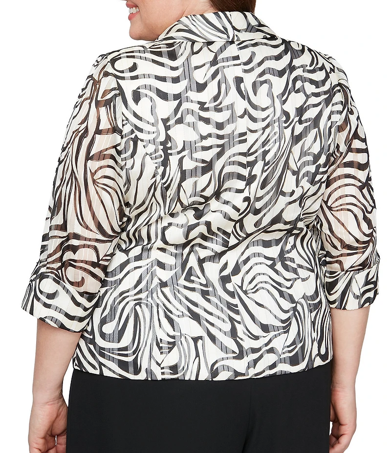 Alex Evenings Plus Size 3/4 Sleeve Collared Neck Tie Waist Printed Blouse
