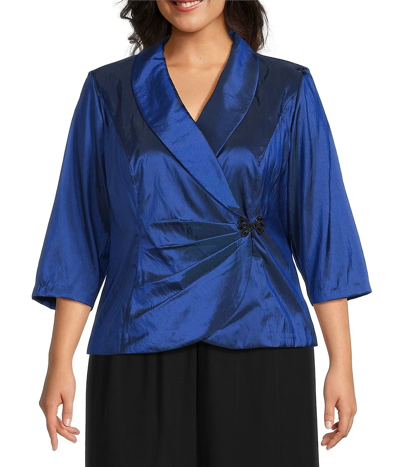 Alex Evenings Plus Size 3/4 Sleeve Collared V-Neck Taffeta Blouse