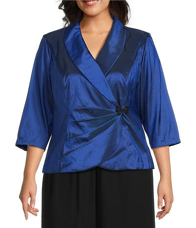 Alex Evenings Plus Size 3/4 Sleeve Collared V-Neck Taffeta Blouse
