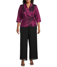 Alex Evenings Plus Size 3/4 Sleeve Collared V-Neck Taffeta Blouse