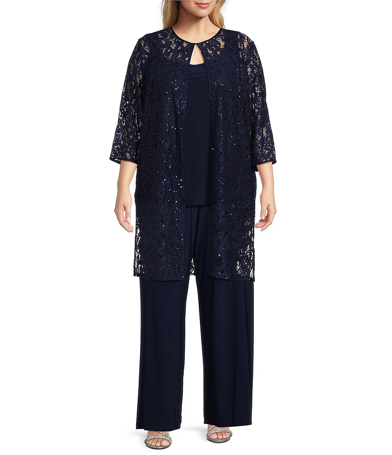 Alex Evenings Plus Size 3/4 Sleeve Crew Neck Lace Two Piece Twinset