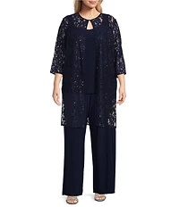 Alex Evenings Plus Size 3/4 Sleeve Crew Neck Lace Two Piece Twinset