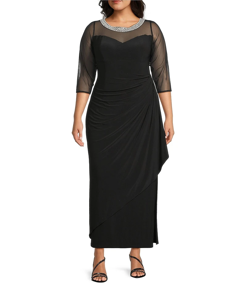 Alex Evenings Plus Size 3/4 Sleeve Illusion Sweetheart Neck Side Slit Ruched Gown