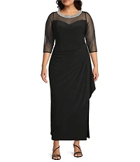 Alex Evenings Plus Size 3/4 Sleeve Illusion Sweetheart Neck Side Slit Ruched Gown