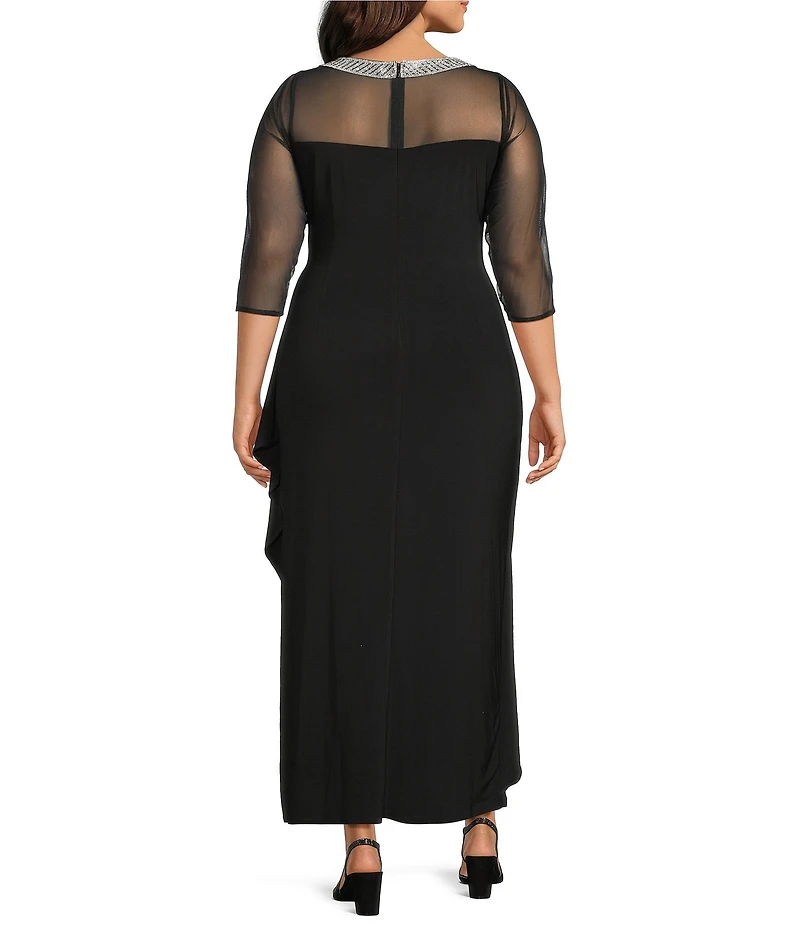 Alex Evenings Plus Size 3/4 Sleeve Illusion Sweetheart Neck Side Slit Ruched Gown