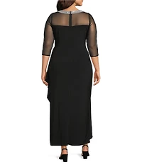 Alex Evenings Plus Size 3/4 Sleeve Illusion Sweetheart Neck Side Slit Ruched Gown