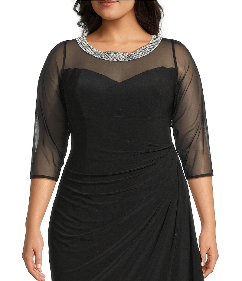 Alex Evenings Plus Size 3/4 Sleeve Illusion Sweetheart Neck Side Slit Ruched Gown