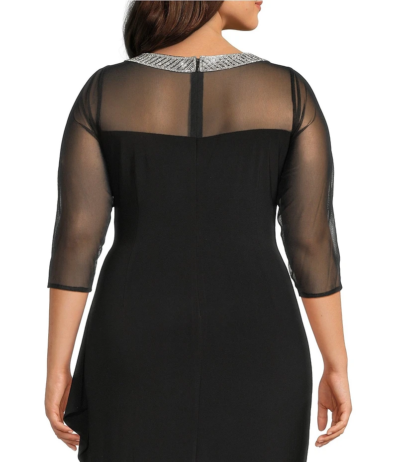 Alex Evenings Plus Size 3/4 Sleeve Illusion Sweetheart Neck Side Slit Ruched Gown