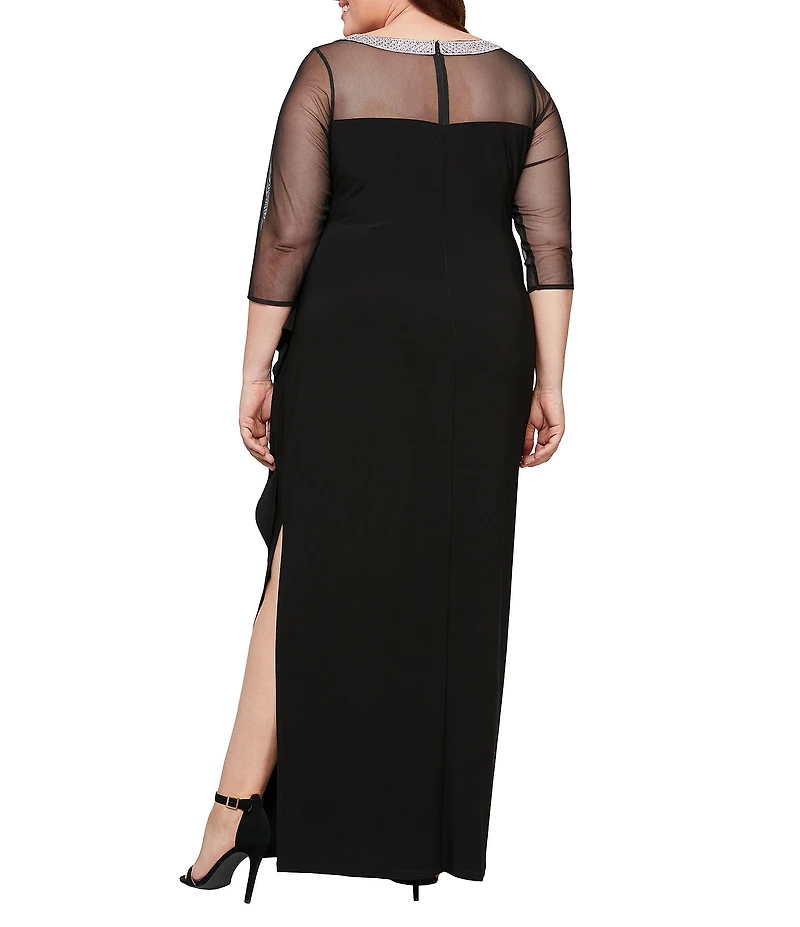 Alex Evenings Plus Size 3/4 Sleeve Illusion Sweetheart Neck Side Slit Ruched Gown