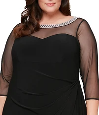 Alex Evenings Plus Size 3/4 Sleeve Illusion Sweetheart Neck Side Slit Ruched Gown