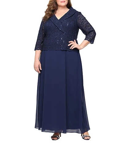 Alex Evenings Plus Size 3/4 Sleeve Portrait Collar Chiffon Lace Gown