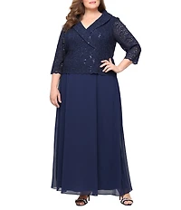 Alex Evenings Plus Size 3/4 Sleeve Portrait Collar Chiffon Lace Gown