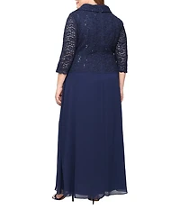 Alex Evenings Plus Size 3/4 Sleeve Portrait Collar Chiffon Lace Gown