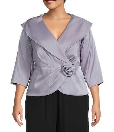 Alex Evenings Plus Size 3/4 Sleeve Portrait Collar Neck Flower Detail Shimmer Satin Blouse
