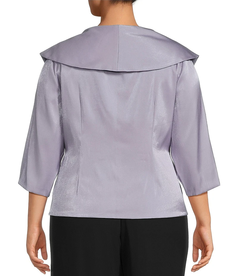 Alex Evenings Plus Size 3/4 Sleeve Portrait Collar Neck Flower Detail Shimmer Satin Blouse