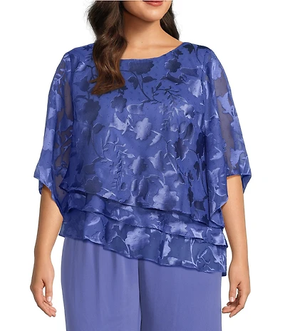 Alex Evenings Plus Size Asymmetrical Tiered Hem Round Neck 3/4 Illusion Sleeve Burnout Floral Chiffon Blouse